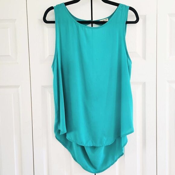 Lily White Teal Sleeveless Cutout Draped Back Blouse, Large - Picture 1 of 4